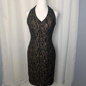 Cache Black & Gold Halter Dress, Size 6, Lace design